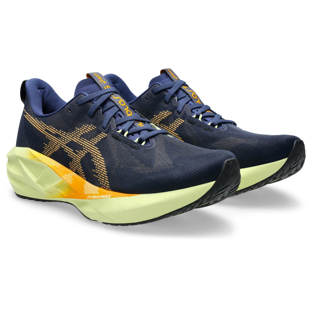 ASICS Novablast 5 Bleu nuit-Vert citron / Indigo Blue-Amber — vue avant extérieure (1011B974-402)