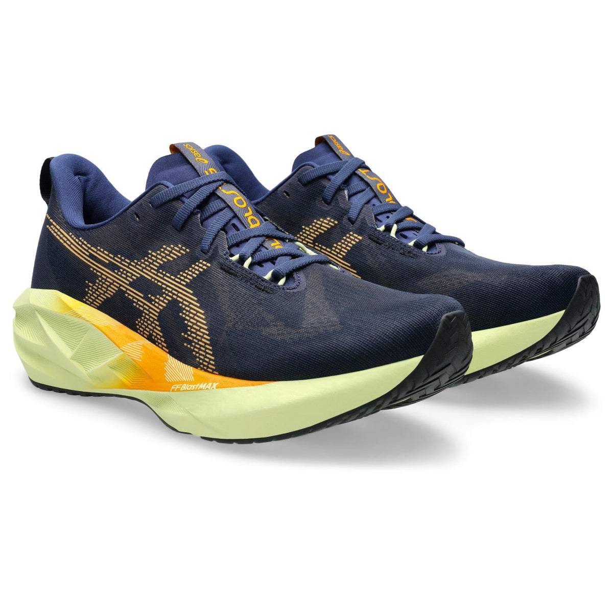ASICS Novablast 5 Bleu nuit-Vert citron / Indigo Blue-Amber — vue avant extérieure (1011B974-402)