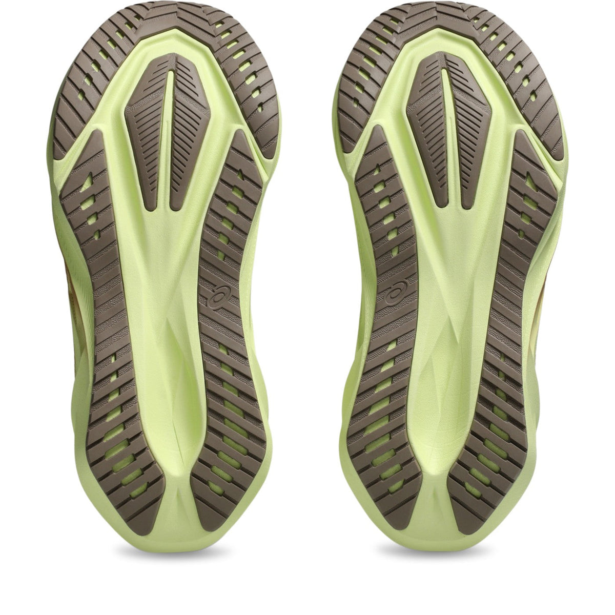 ASICS Novablast 5 Femme Beige-Vert citron / Mineral Beige-Taupe Grey — vue semelle (1012B765-250)